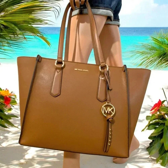 Michael Kors Large Luggage Brown Leather Kris Travel Career Work Tote Bag NWT - Picture 2 of 12